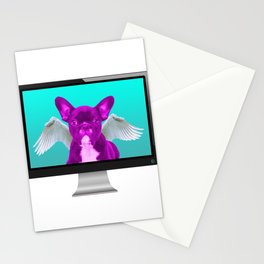 Funny Pink French Bulldog with Angel Wings in Computer Screen Stationery Card