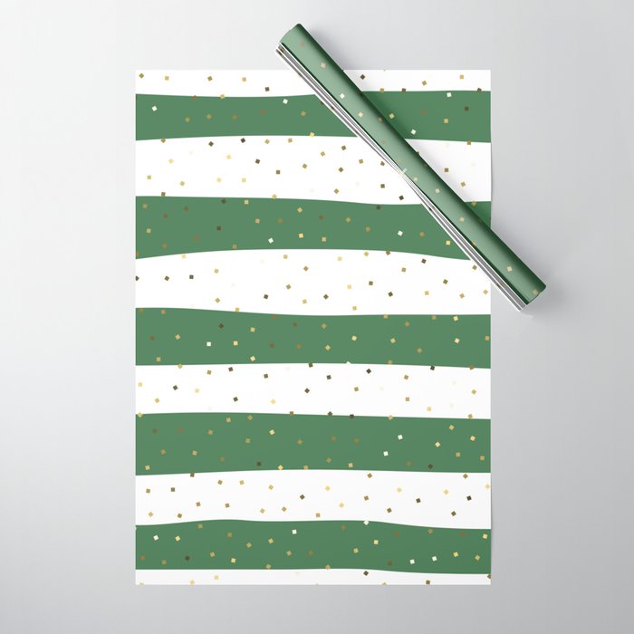 Simple Christmas seamless pattern Golden Confetti on Green and White Stripes Background Wrapping Paper