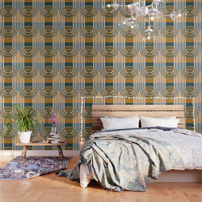 Arches Composition in Teal and Mustard Yellow Wallpaper