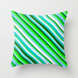 [ Thumbnail: Lime, Light Sky Blue, Mint Cream, Dark Turquoise & Dark Green Colored Lines/Stripes Pattern Throw Pillow ]