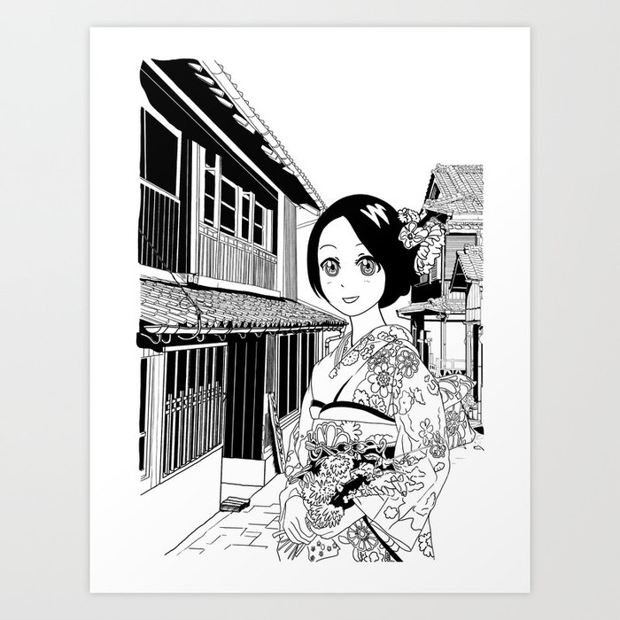 Kimono girl (manga style drawing) Art Print by parijyansamurai | Society6