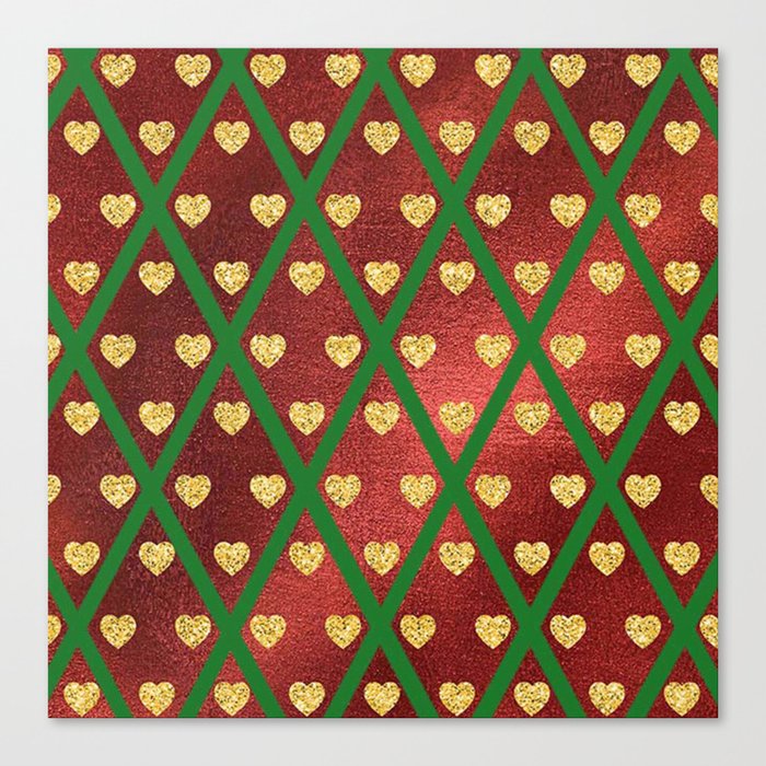 Gold Hearts on a Red Shiny Background with Green Crisscross Lines  Canvas Print