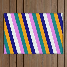 [ Thumbnail: Eye-catching Orange, Teal, Violet, Mint Cream & Blue Colored Stripes/Lines Pattern Outdoor Rug ]