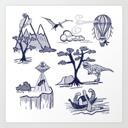 Bad Day Toile pattern in Traditional Blue and White Art Print