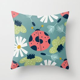 Spring seamless pattern with ladybug and flower Throw Pillow
