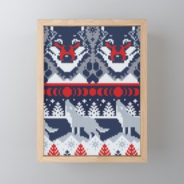 Fair isle knitting grey wolf // navy blue and grey wolves red moons and pine trees Framed Mini Art Print