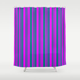 [ Thumbnail: Teal and Fuchsia Colored Pattern of Stripes Shower Curtain ]
