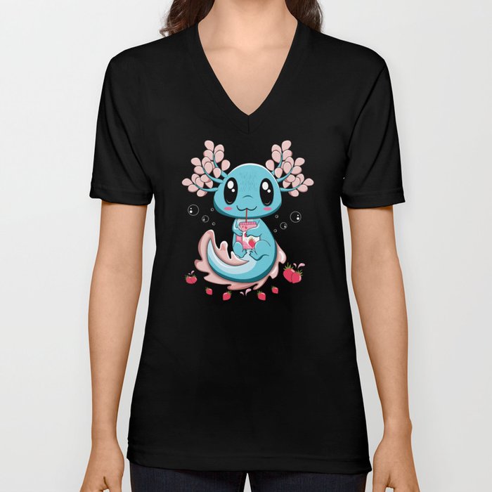 Strawberry Milk Axolotl Fish Cartoon Cute Axolotl V Neck T Shirt