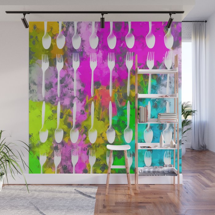Fork And Spoon Pattern With Colorful Painting Abstract Background