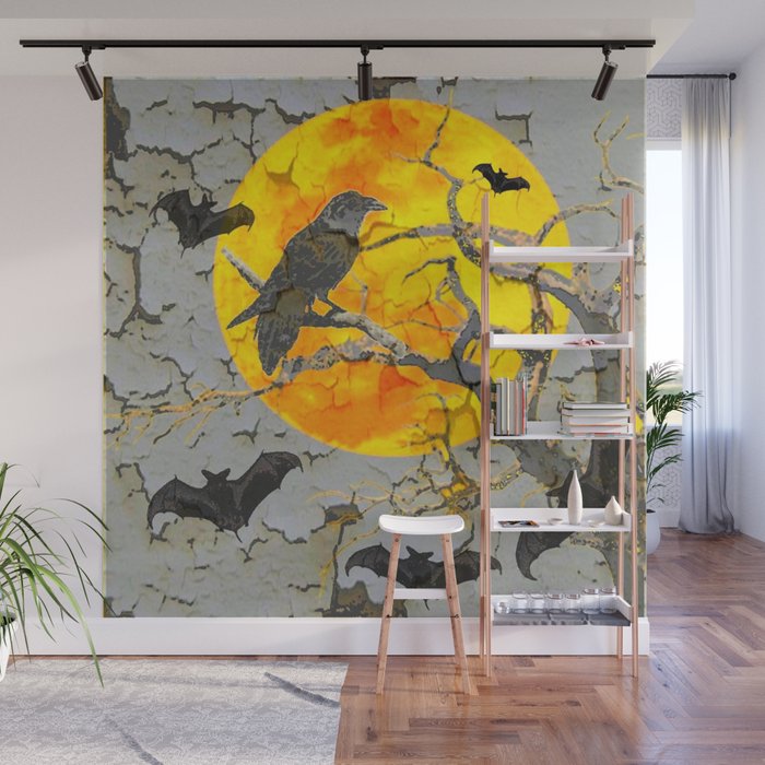 HALLOWEEN NIGHT BATS & RAVEN GOLDEN  MOON Wall Mural