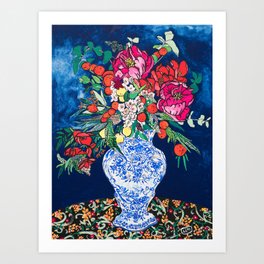 Winter Floral Peony Bouquet in Delft Vase on Dark Navy Blue Painting Art Print