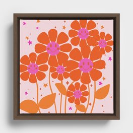 70s retro red and pink flowers with smile illustration  Framed Canvas