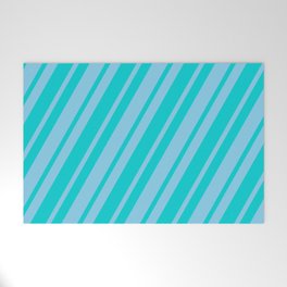 [ Thumbnail: Dark Turquoise & Sky Blue Colored Striped Pattern Welcome Mat ]