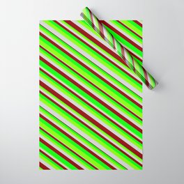 [ Thumbnail: Lime, Chartreuse, Light Grey & Dark Red Colored Stripes/Lines Pattern Wrapping Paper ]