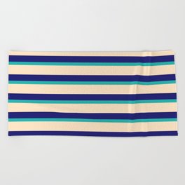 [ Thumbnail: Light Sea Green, Bisque, and Midnight Blue Colored Striped Pattern Beach Towel ]