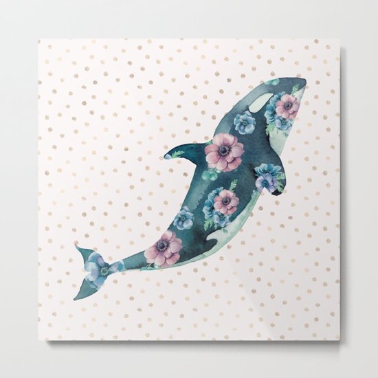 Whale Ocean Rose + Gold Polka Dot Metal Print