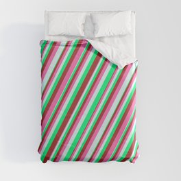 [ Thumbnail: Green, Brown, Hot Pink & Light Cyan Colored Striped Pattern Duvet Cover ]