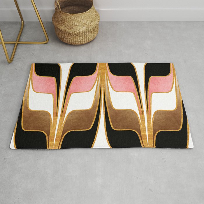 Mid Century Modern Liquid Watercolor Abstract // Gold, Blush Pink, Brown, Black, White Rug