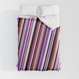 [ Thumbnail: Red, Grey, Purple, White & Black Colored Striped Pattern Duvet Cover ]
