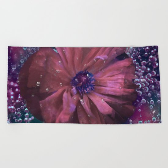 Smoky pink poppy in the dew Beach Towel