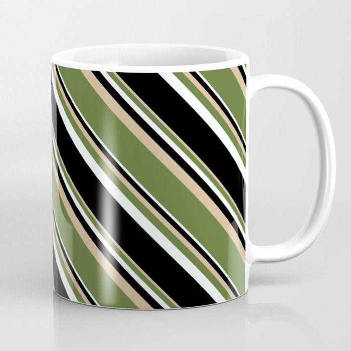 Tan, Dark Olive Green, Mint Cream & Black Colored Stripes Pattern Coffee Mug