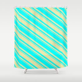 [ Thumbnail: Pale Goldenrod and Cyan Colored Striped/Lined Pattern Shower Curtain ]