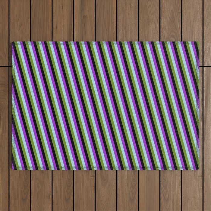 Dark Orchid, Light Blue, Green, and Black Colored Lines Pattern Outdoor Rug