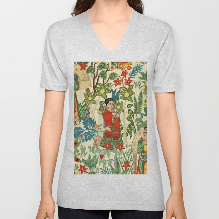 Frida's Coyoacán Mexican Garden of Casa Azul Lush Tropical  floral painting V Neck T Shirt