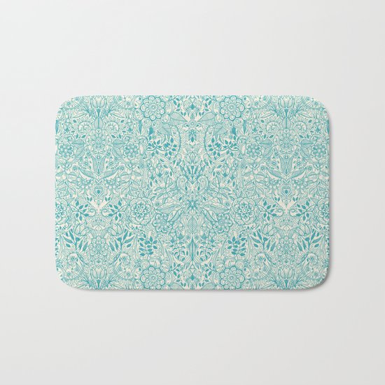 Detailed Floral Pattern in Teal and Cream Bath Mat