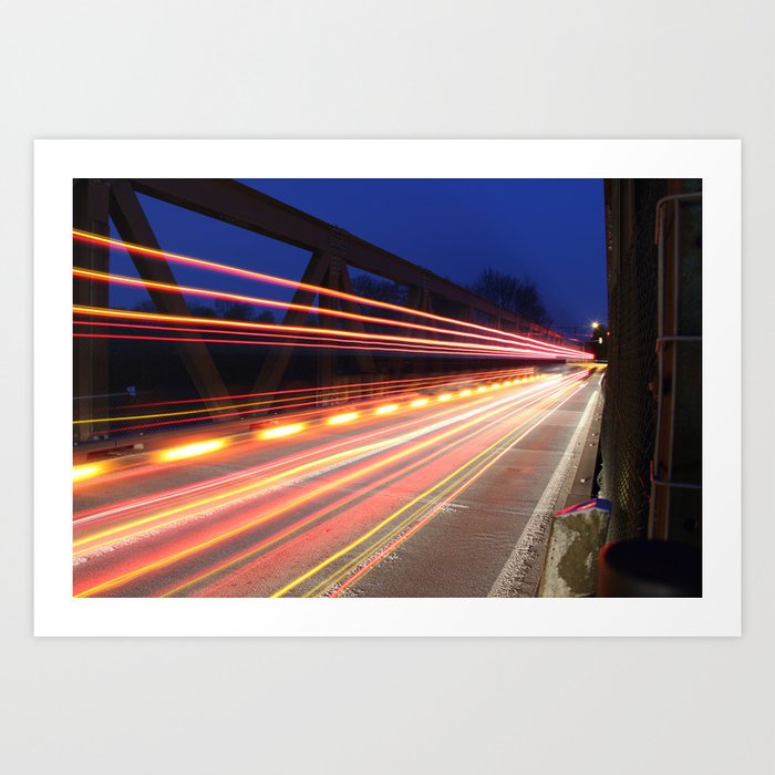 Busy night traffic on the bridge Art Print