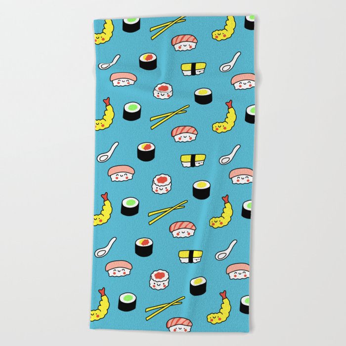 Kawaii Sushi Pattern (blue) Beach Towel