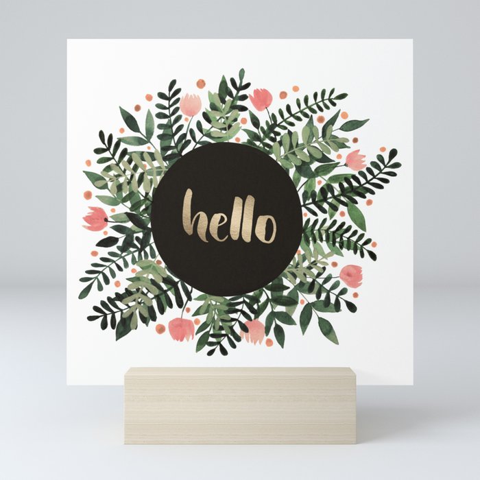 Hello flowers and branches - sap green and pink Mini Art Print