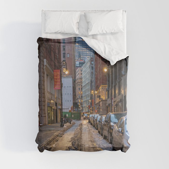 Snowy Streets of New York City Travel Photography NYC Night Comforter