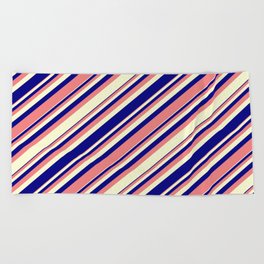 [ Thumbnail: Light Coral, Light Yellow, and Blue Colored Lined/Striped Pattern Beach Towel ]