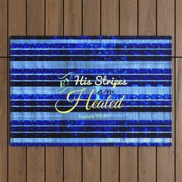 BY HIS STRIPES Colorful Blue Stripes Bible Scripture Fine Art Pattern Typography God Jesus Faith Outdoor Rug