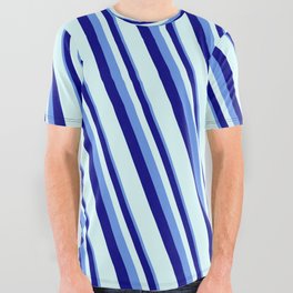 [ Thumbnail: Cornflower Blue, Blue & Light Cyan Colored Stripes/Lines Pattern All Over Graphic Tee ]