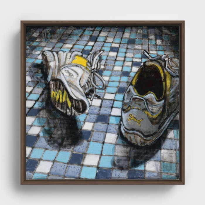 Running Shoes on a Blue Tile Floor Framed Canvas