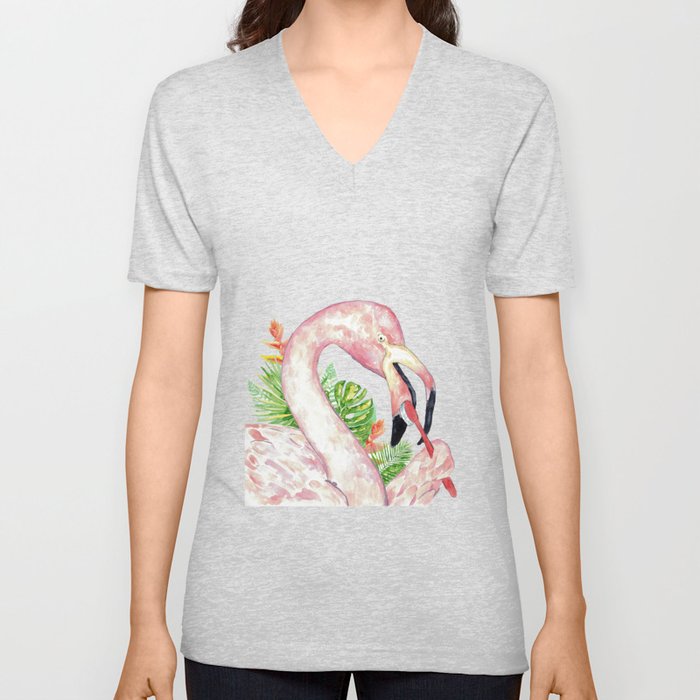 Flamingo brushing teeth bath watercolor  V Neck T Shirt