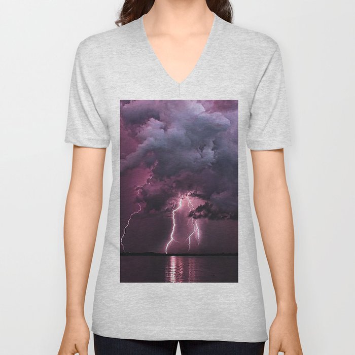 Lightening Strike in Purple Storm V Neck T Shirt