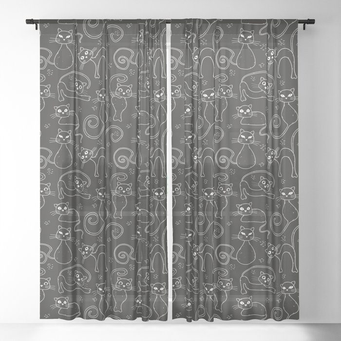 Fun black cat line art pattern Sheer Curtain