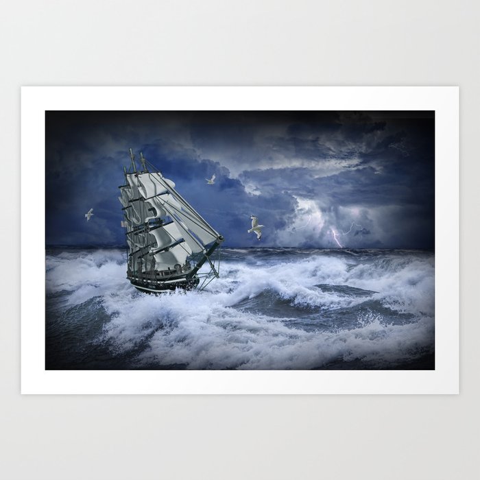 Three Masted Ship in a Thunder Storm on the High Seas Art Print