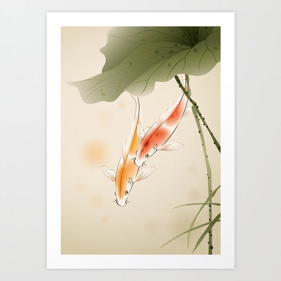 Koi fishes in lotus pond Art Print