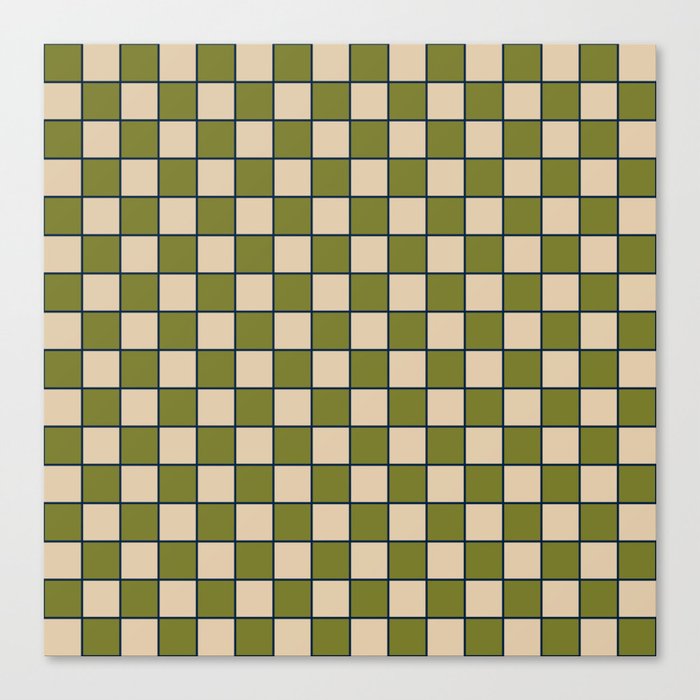 Retro Check Grid Pattern in Midcentury Modern Olive Green Navy Blue Beige Canvas Print