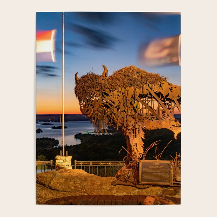 Bison Sculpture Over Table Rock Lake At Dusk Poster by Gregory Ballos