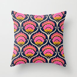 Bright ethnic ogee flame floral  - Hot pink, marigold and papaya orange on midnight blue Throw Pillow
