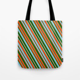 [ Thumbnail: Dark Green, Sky Blue, and Red Colored Striped Pattern Tote Bag ]