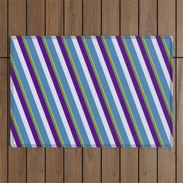 [ Thumbnail: Vibrant Dark Sea Green, Green, Indigo, Lavender, and Blue Colored Pattern of Stripes Outdoor Rug ]