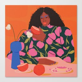 Still Life of a Woman with Dessert and Fruit Canvas Print | Pattern, Womaneating, Painting, Woman, Floral, Citrus, Digital, Stilllife, Curated 