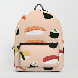 Lovely Japanes sushi drawing illustration on pastel background. Maki ands rolls with tuna, salmon, shrimp, crab. Backpack | Food, Tradition, Watercolor, Vintage, Sushi, Pattern, Sashimi, Handdrawn, Asia, Drawing 