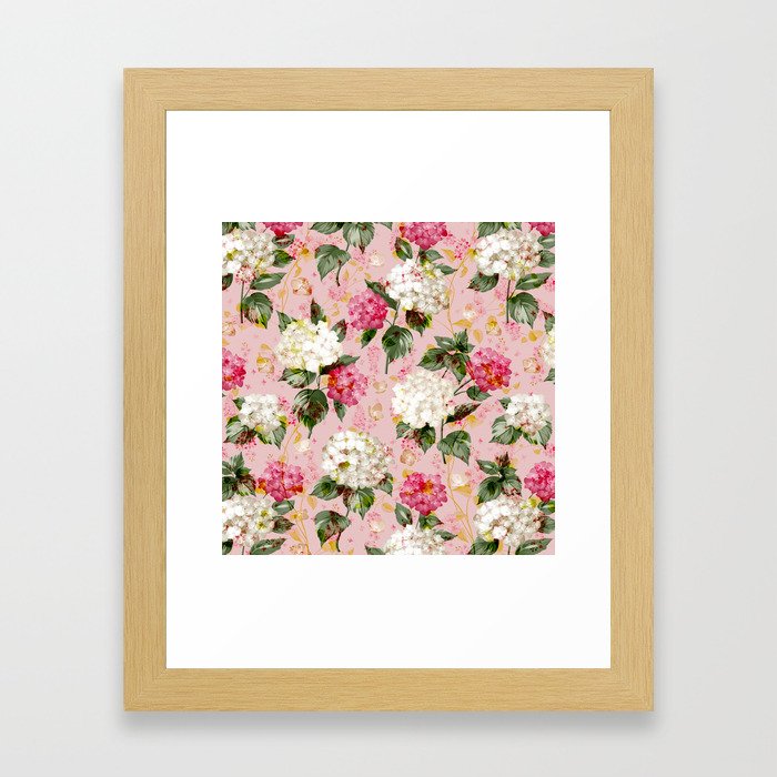 Vintage green pink white bohemian hortensia flowers Framed Art Print